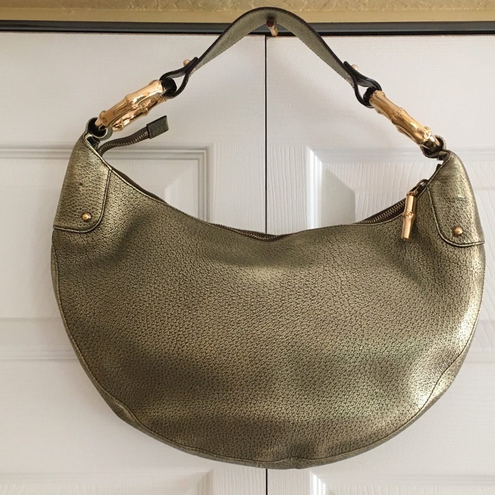Metallic Olive Green Hobo Bag with Bamboo-Style Accents